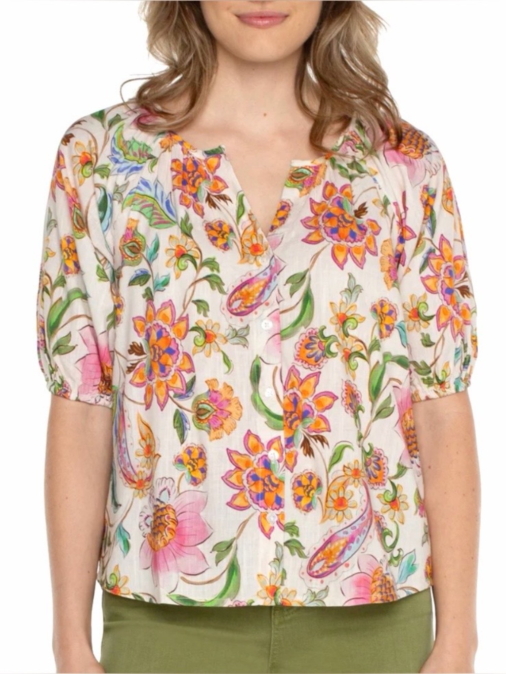 Liverpool Los Angeles Brisa Cream & Pink Floral Button Front Puff Sleeve Top